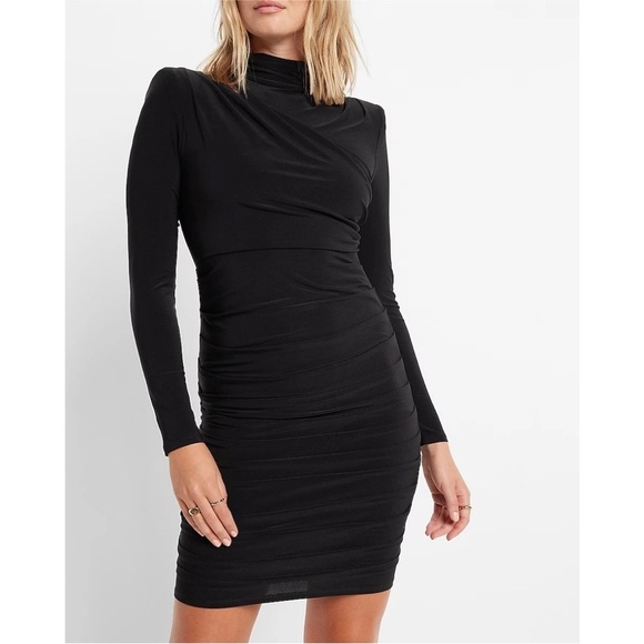 NWT Express Ruched Mock Neck Strong Shoulder Back Cutout Mini Dress Black Sz XL - Picture 4 of 13